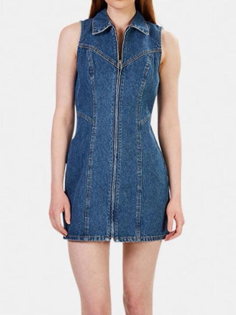 GRLFRND Sleeveless Zip-Front Denim Mini Dress - Blue
